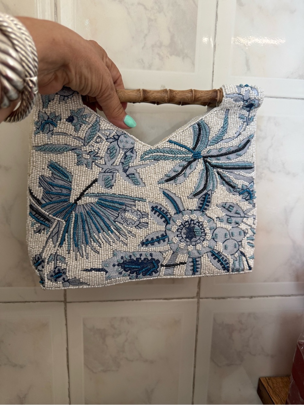 Beaded Floral Mini Bag with Bamboo Handle - Blue - Picture 2 of 4